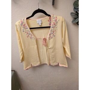 Christopher & Banks Womens Sweater Yellow Floral Embroidery 3/4 Sleeve Size M